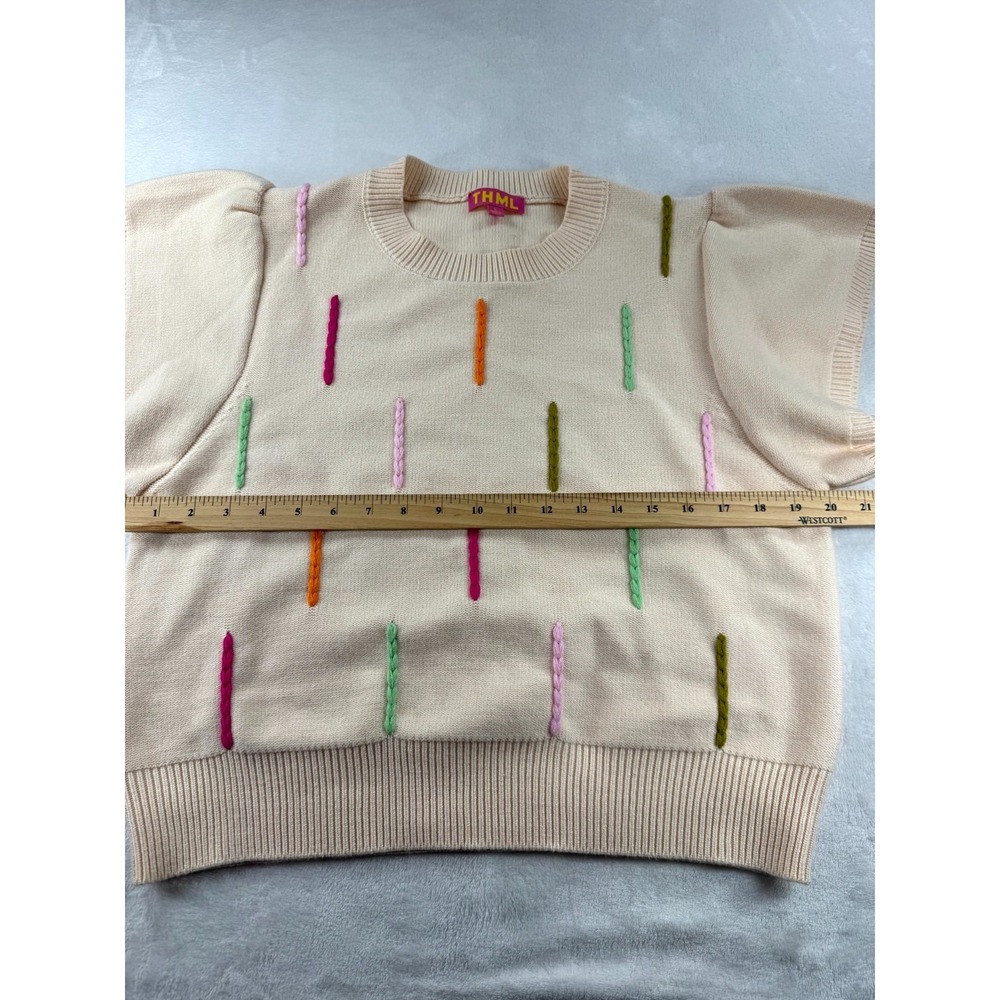 THML Knitted Sweater Women Large Beige Embroidered Crewneck Short Sleeve Classic - Picture 8 of 10